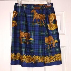 Vintage 90s Susan Bristol Equestrian Kilt Skirt Tartan Plaid Horses USA